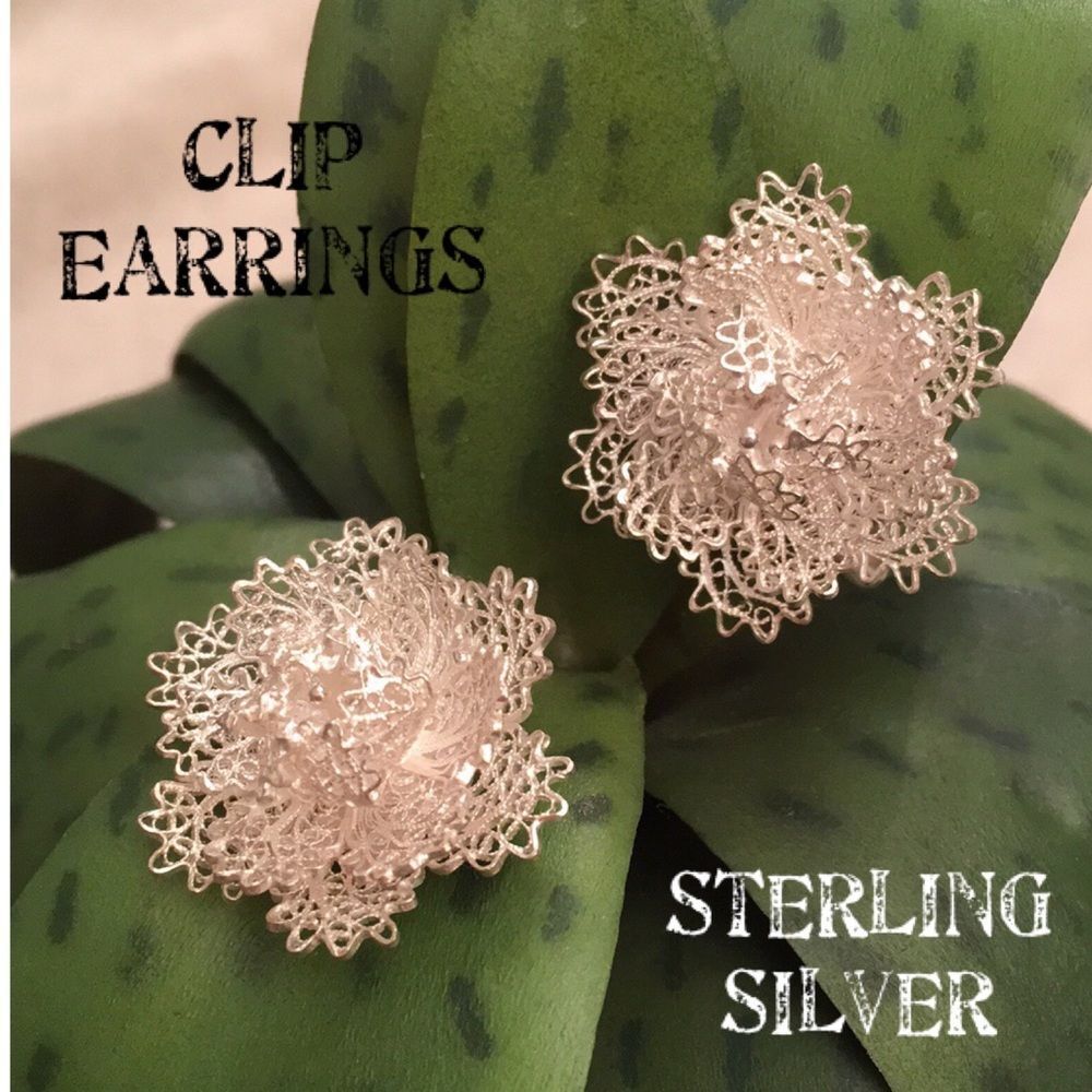Sterling Silver Filigree Flower Screw Back Clip Earrings